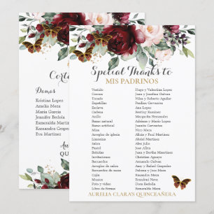 Burgund Blush Floral QUINCEAÑERA Padrinos Card