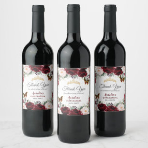 Burgund Blush Floral Quinceñera Butterfliegen Gold Weinetikett
