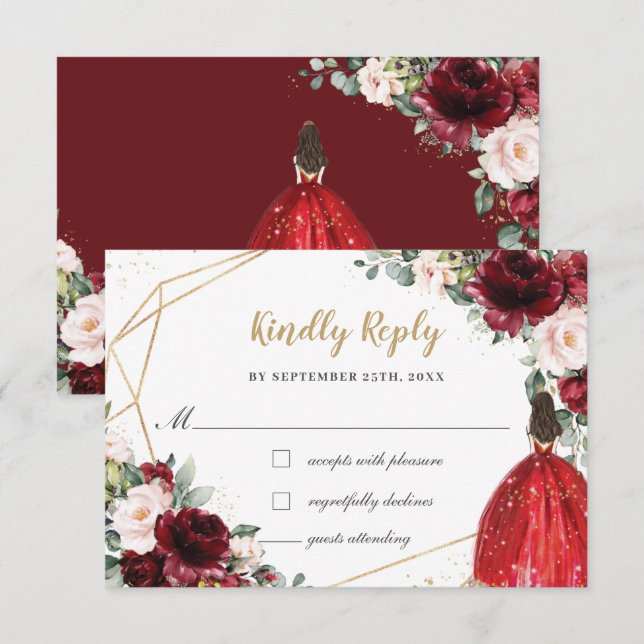 Burgund Blush Floral Quinceñera Prinzessin Antwort (Vorne/Hinten)