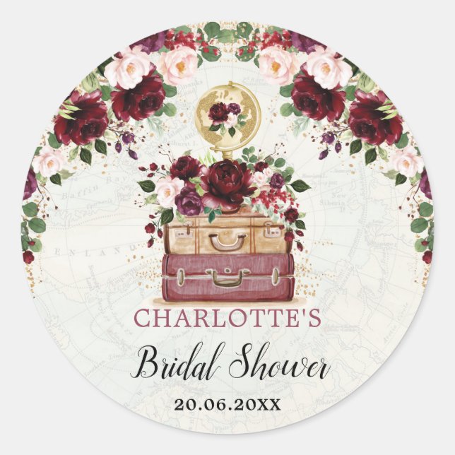 Burgund Blush Floral Travel Brautparty Favoriten Runder Aufkleber (Vorderseite)