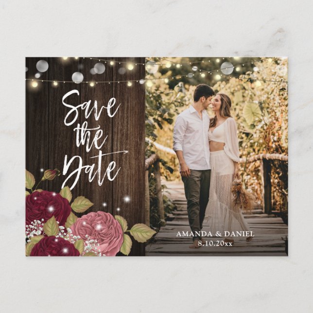 Burgund Blush Floral Wedding Foto Save the Date Ankündigungspostkarte (Vorderseite)