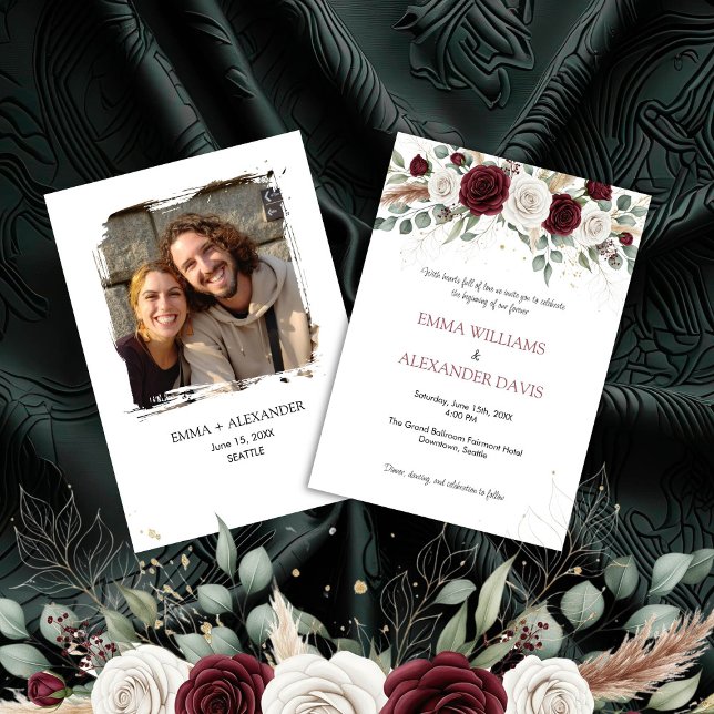 Burgund Blush Foto Hochzeit Einladung (Burgundy Blush Floral Wedding Invitation)