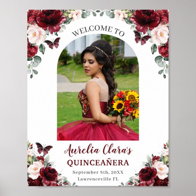 Burgund Blush Foto Quinceñera Willkommen Poster (Vorne)