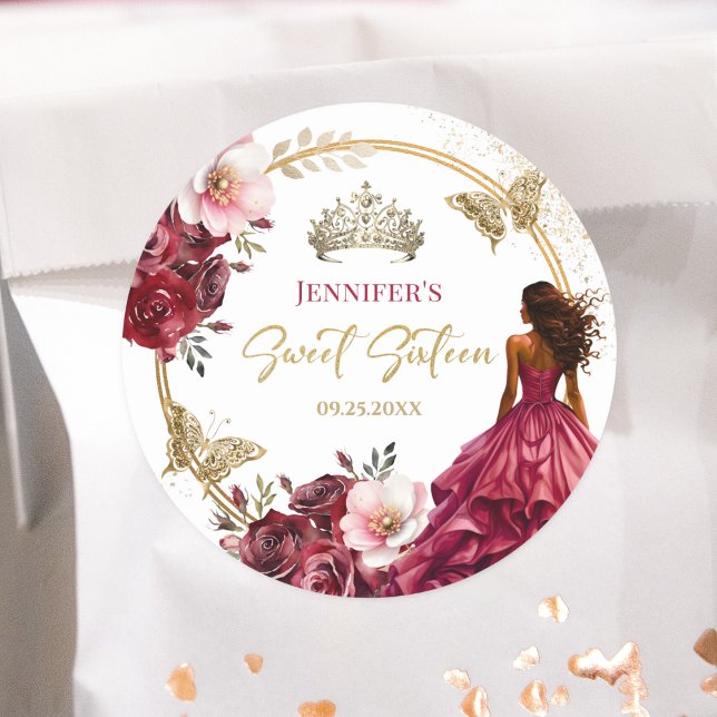 Burgund Blush Gold Blumenprinzessin Sweet 16 Runder Aufkleber (Von Creator hochgeladen)