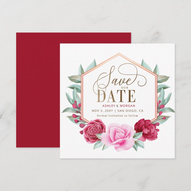 Burgund Blush Gold Floral Save the Date Ankündigung (Vorne/Hinten)