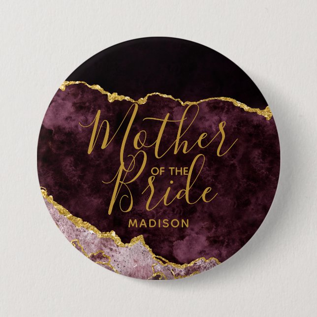 Burgund Blush Gold Foil Agate Mutter der Braut Button (Vorderseite)