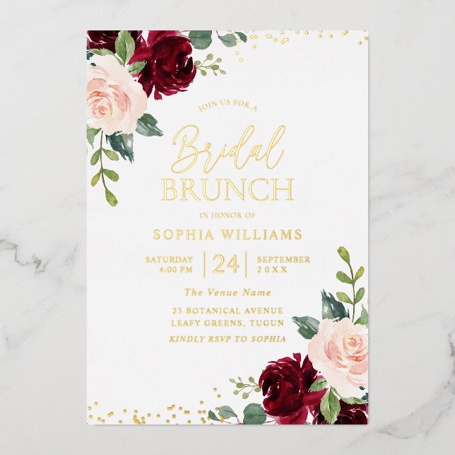 Burgund & Blush Gold Foil Brautparty Brunch Folieneinladung (Vorderseite)