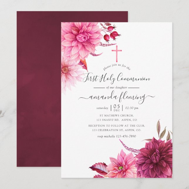 Burgund & Blush Herbst Herbst Heilige Kommune Flor Einladung (Vorne/Hinten)