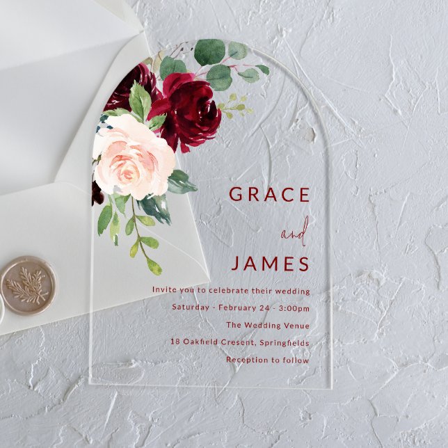 Burgund & Blush Modern Wedding Arch Acryleinladungen (Von Creator hochgeladen)