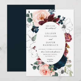 Burgund Blush Navy Bloral Oval Rahmen Hochzeit Einladung