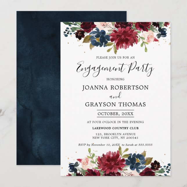Burgund Blush Navy Blue Floral Engagement Party Einladung (Vorne/Hinten)