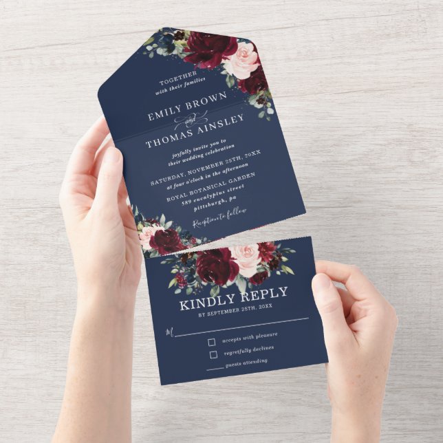 Burgund Blush Navy Blues Blumengrün Hochzeit All In One Einladung (Abreißen)
