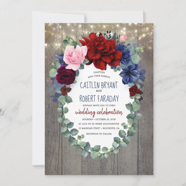 Burgund Blush Navy Blues Rustikale Hochzeit Einladung (Vorderseite)