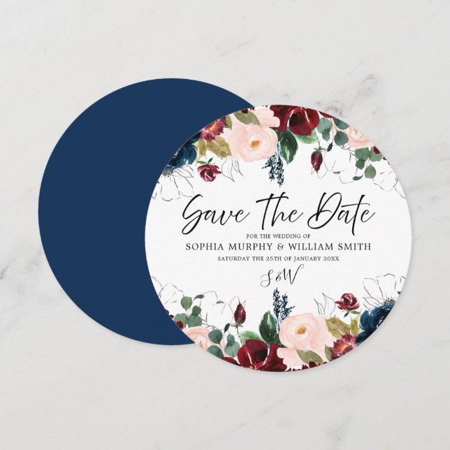 Burgund Blush & Navy Blumenhochzeit Save The Date (Vorne/Hinten)