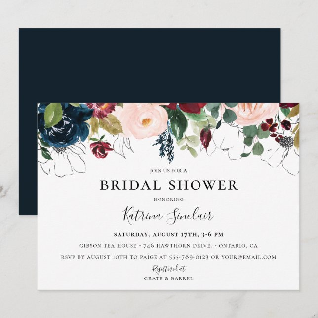 Burgund Blush Navy Fall Floral Brautparty Einladung (Vorne/Hinten)