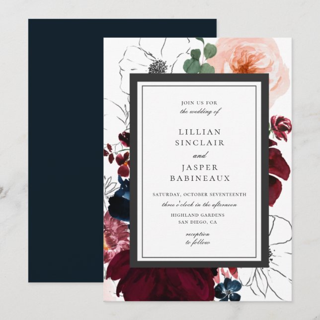 Burgund Blush Navy Fall Floral Hochzeit Einladung (Vorne/Hinten)