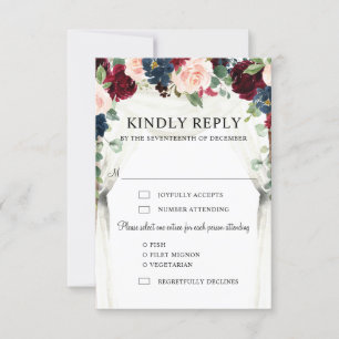 Burgund Blush Navy Floral Arch Canopy Hochzeit RSVP Karte