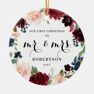 Burgund Blush Navy Floral Erste Weihnachten Keramik Ornament