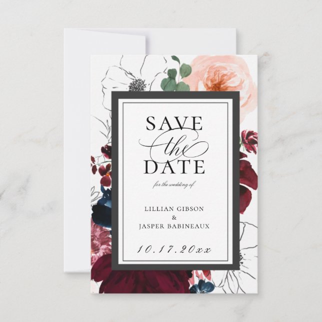 Burgund Blush Navy Floral Save the Date Ankündigung (Vorderseite)