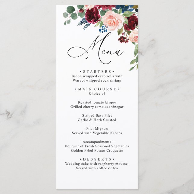 Burgund Blush Navy Rose Hochzeitsessen Menükarte (Vorderseite)