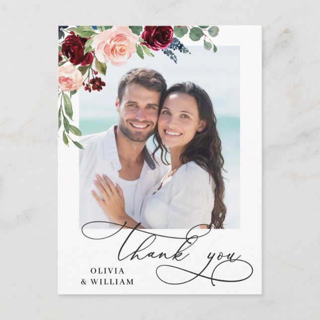 Burgund Blush Navy Rose Wedding Foto Vielen Dank Postkarte (Vorderseite)