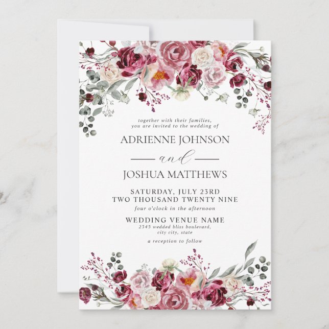 Burgund & Blush Peony Rose Blumenhochzeit Einladung (Vorderseite)