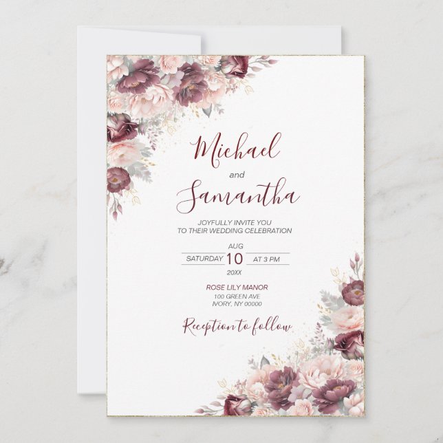 Burgund Blush Peony und Rose Hochzeit Einladung (Vorderseite)