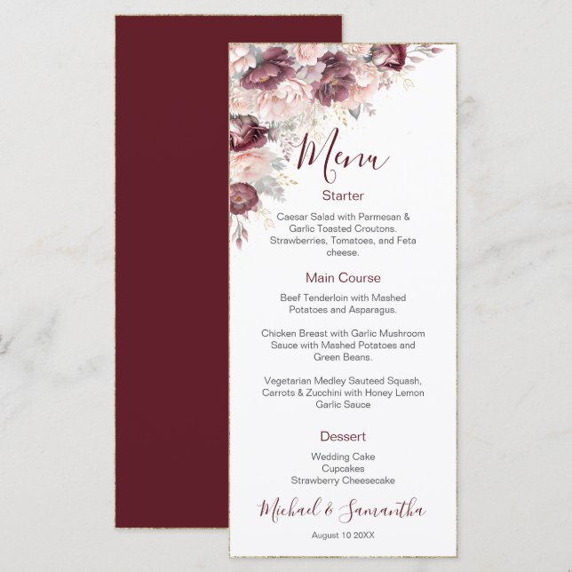Burgund Blush Peony und Rose Hochzeit Menükarte (Vorne/Hinten)