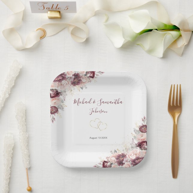 Burgund Blush Peony und Rose Hochzeit Pappteller (Hochzeit)