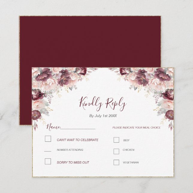 Burgund Blush Peony und Rose Hochzeit RSVP Karte (Vorne/Hinten)