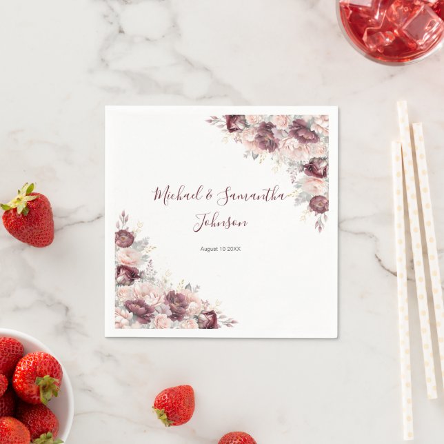 Burgund Blush Peony und Rose Hochzeit Serviette (Beispiel)