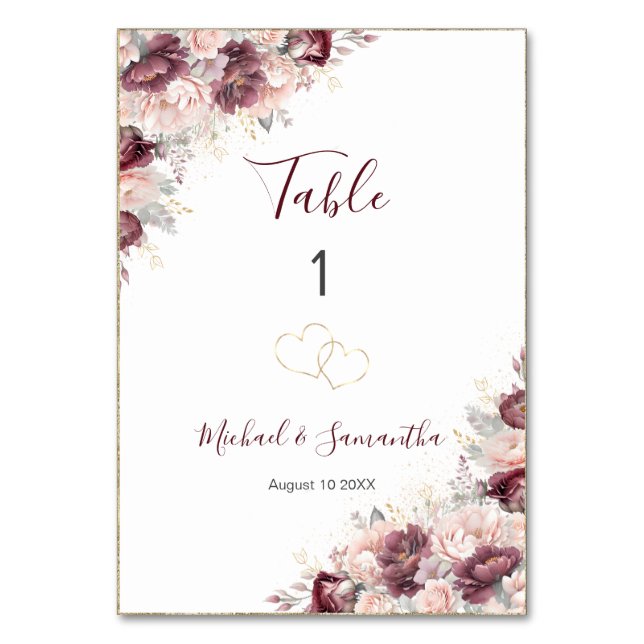 Burgund Blush Peony und Rose Hochzeit Tischnummer (Vorderseite)