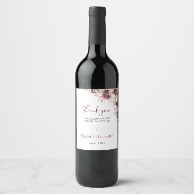 Burgund Blush Peony und Rose Hochzeit Weinetikett (Vorderseite)