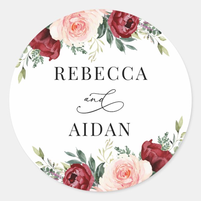 Burgund Blush Personalisierte Hochzeit Runder Aufkleber (Vorderseite)