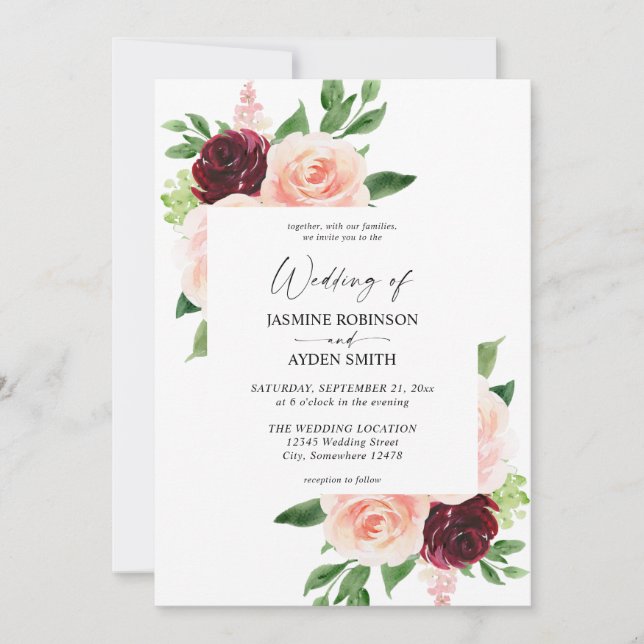 Burgund & Blush Pink 4 Blumenzwiebeln Einladung (Vorderseite)