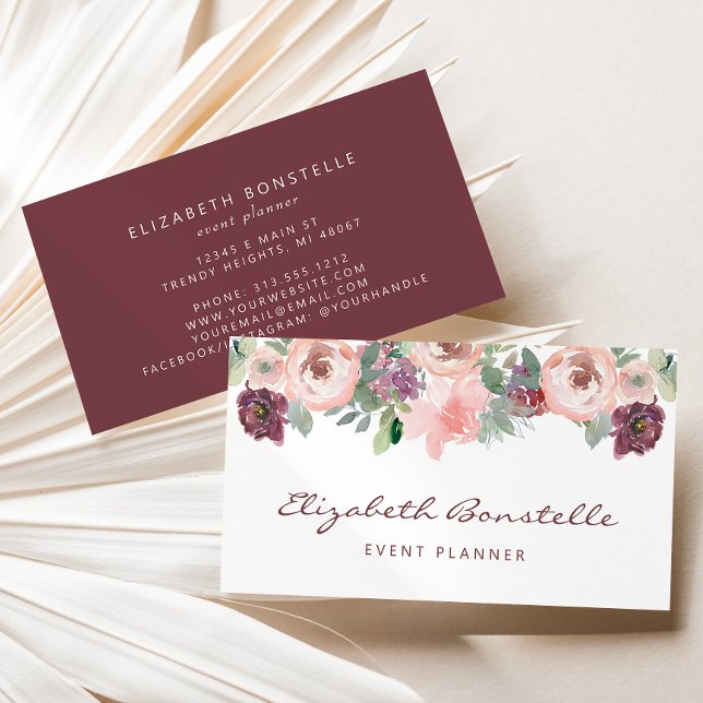 Burgund Blush Pink Aquarell Bloral Visitenkarte (Von Creator hochgeladen)