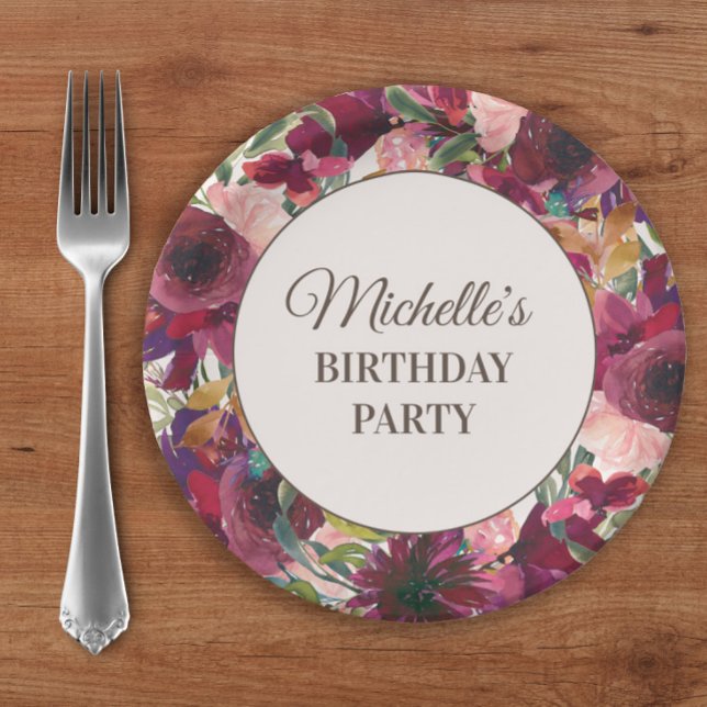 Burgund Blush Pink Bloral Geburtstagsparty Pappteller (Burgundy and pink watercolor floral custom birthday party paper plates.)