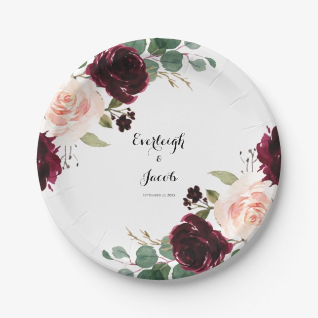 Burgund Blush Pink Bloral Pappteller (Vorderseite)