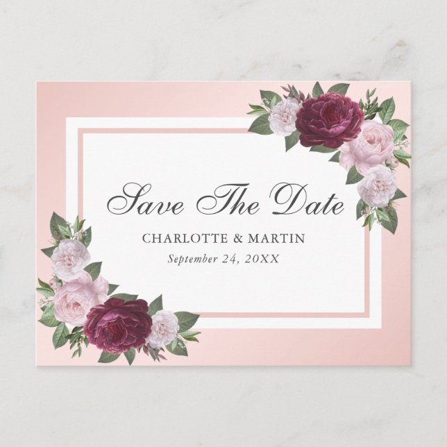 Burgund Blush Pink Bloral Save the Date Ankündigungspostkarte (Vorderseite)