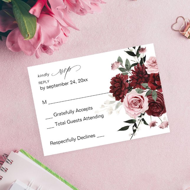 Burgund & Blush Pink Floral 6 ni Mahlzeiten UAWG RSVP Karte (Von Creator hochgeladen)