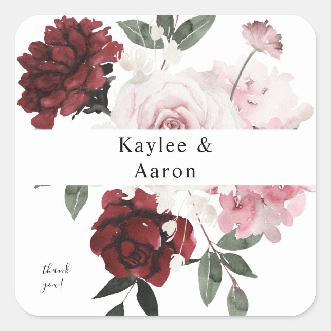 Burgund & Blush Pink Floral Vielen Dank Quadratischer Aufkleber (Vorderseite)