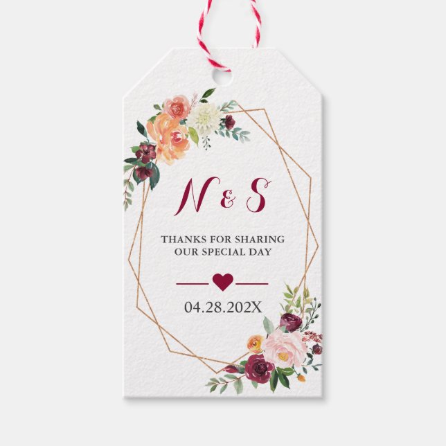 Burgund Blush Pink Gastgeschenk Hochzeit Danke Geschenkanhänger (Vorderseite)