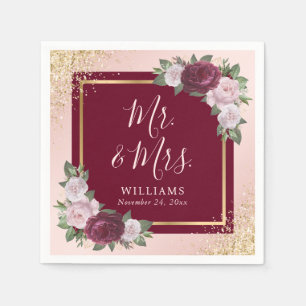 Burgund Blush Pink Gold Floral Mr & Mrs Wedding Serviette