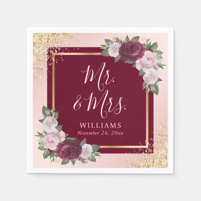 Burgund Blush Pink Gold Floral Mr & Mrs Wedding Serviette (Vorderseite)