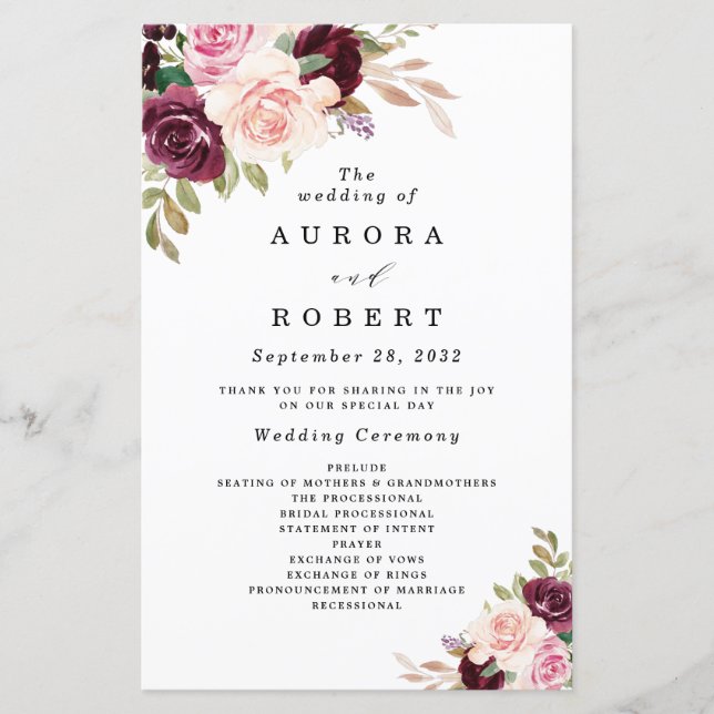 Burgund Blush Pink Gold Floral Wedding Programme (Vorderseite)