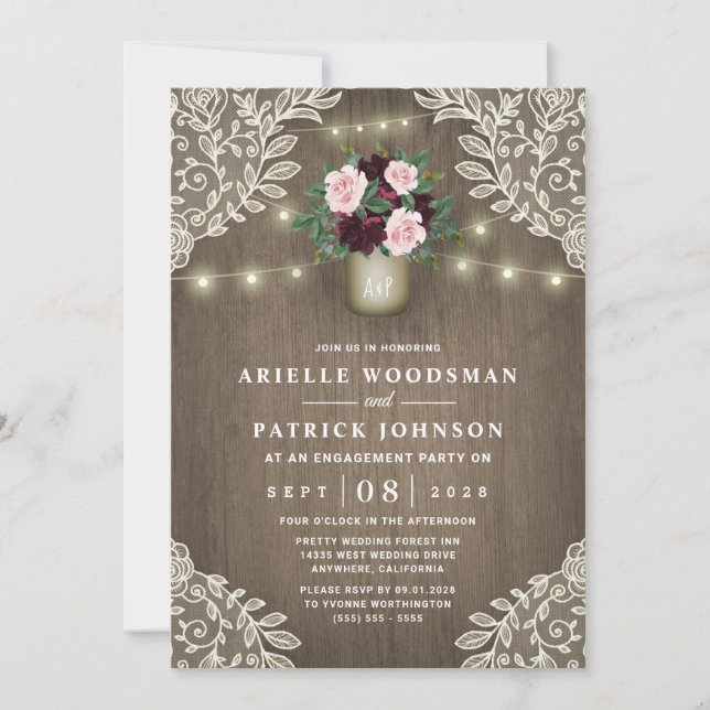 Burgund Blush Pink Gold Rustikale Engagement Parte Einladung (Vorderseite)