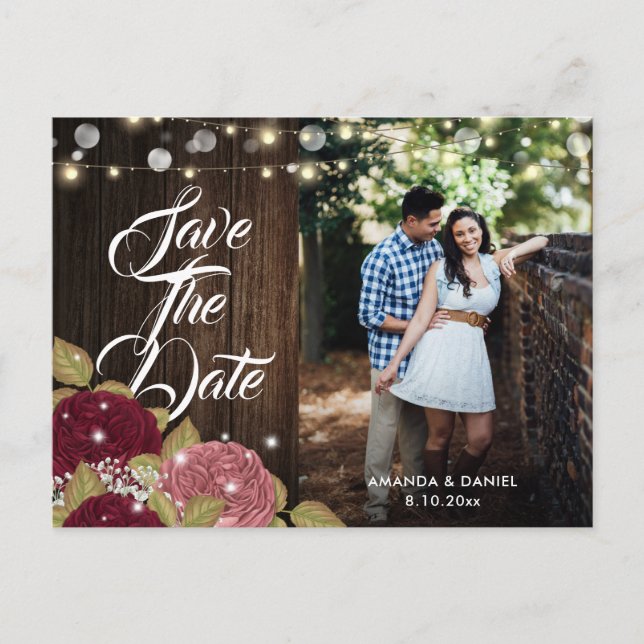 Burgund Blush Pink Wedding Foto Save the Date Ankündigungspostkarte (Vorderseite)