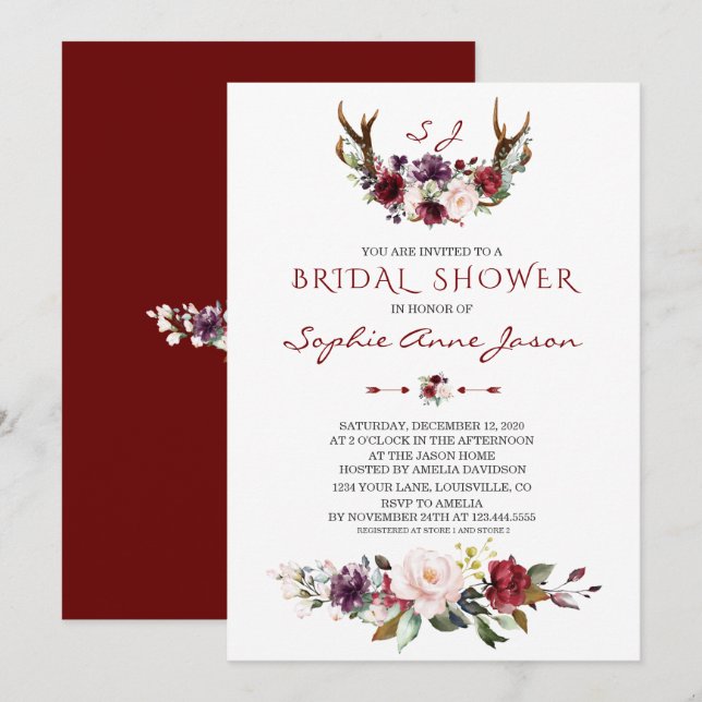 Burgund Blush Plum Floral Antlers Brautparty Einladung (Vorne/Hinten)
