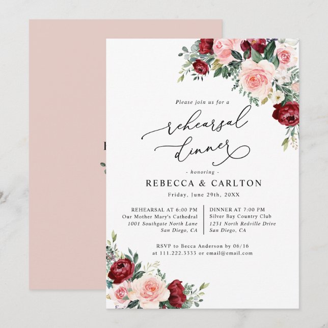 Burgund Blush Probe Abendessen mit Blumen Einladun Einladung (Vorne/Hinten)