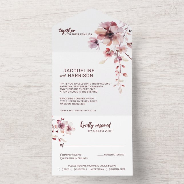 Burgund & Blush Romantische Blumenhochzeit All In One Einladung (Innen Boden)